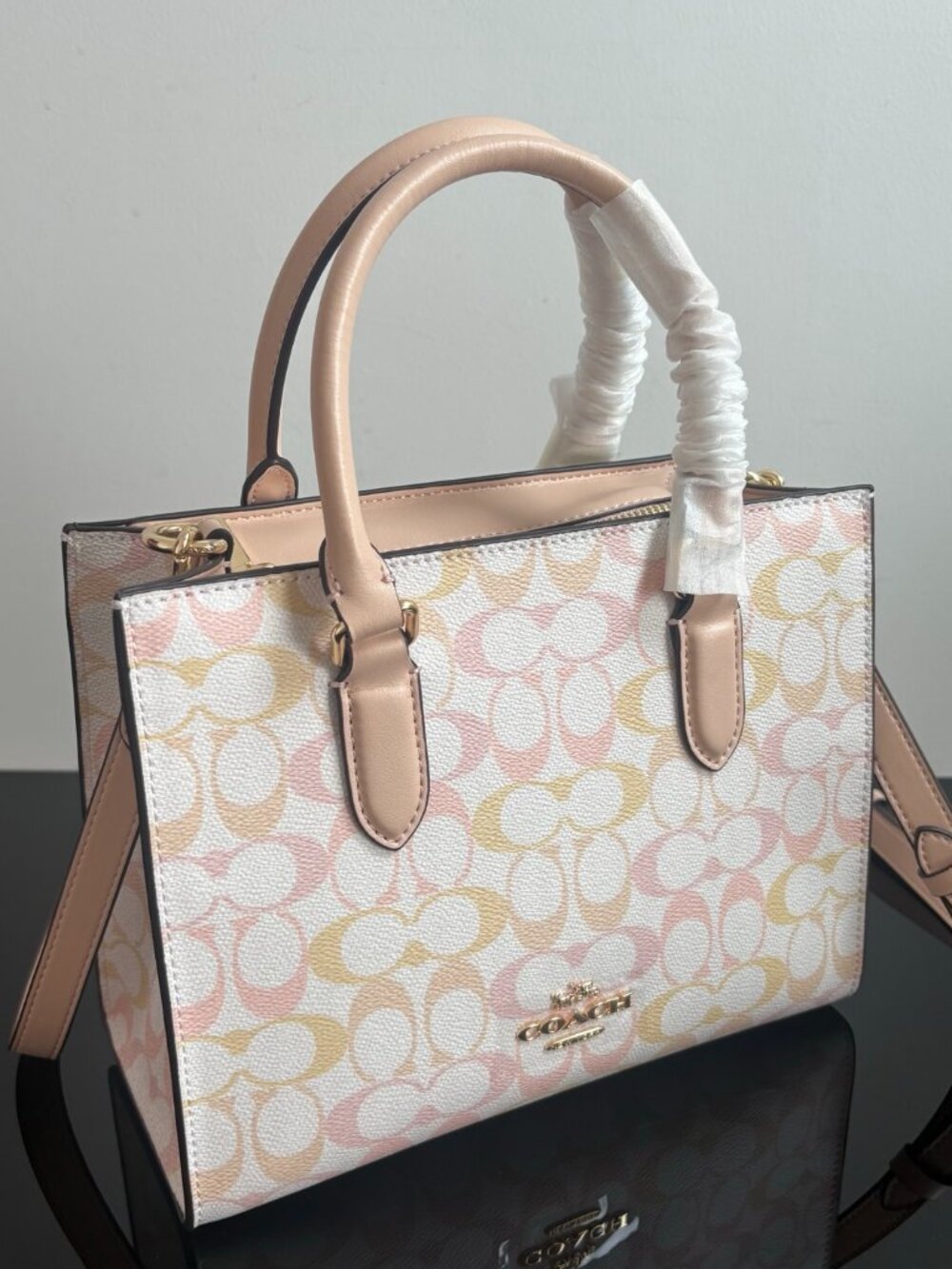 🌸Coach Pastel Pink Yellow Signature Mini Tote Blush Leather Crossbody Bag